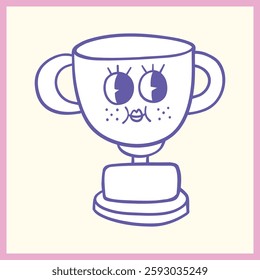 Playful cartoon-style illustration of a trophy cup with a cute expressive face, featuring large eyes and freckles, outlined in purple, Vector Illustration