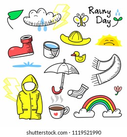 Playful cartoon-style illustrations featuring a variety of weather elements and rainy day icons, such as a raincoat, umbrella, rubber boots, rainbow, and clouds, evoking a whimsical and cheerful atmos