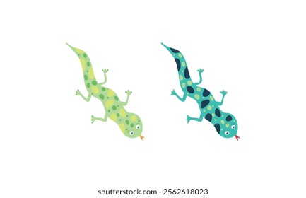 Playful cartoon-style illustrations of green and blue geckos with dotted patterns, displayed on a white background for fun designs.