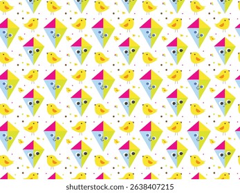 Playful cartoon-style playful kites with cute bird seamless background pattern