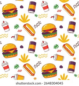 Playful cartoon-style seamless pattern featuring popular fast food items like juicy hamburgers, savory hot dogs, and various refreshing beverages on a vibrant background