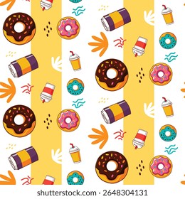 Padrão sem emenda estilo desenhos animados brincalhão com uma variedade de rosquinhas coloridas, latas de refrigerante e milkshakes em um fundo listrado vibrante