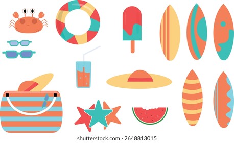 Playful cartoon-style summer vector set. Includes surfboards, lifebuoy, crab, sunglasses, hat, striped beach bag, watermelon slice, ice popsicle, drink, and star shapes