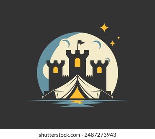 Playful castle camp. Camping castle vector illustration. Property real estate building logo design