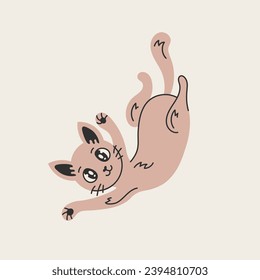 Playful cat in anime style. Cute kawaii kitten in whimsical pose. Vector illustration for kids on beige background. Childish print. Animal character design.