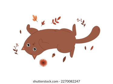Playful cat with autumn foliage. Charming brown kitten lying with leaves, and berries. Cute pet and domestic animal. Poster or banner for website. Fall season. Cartoon flat vector illustration