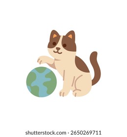 A playful cat with brown markings sits beside a globe