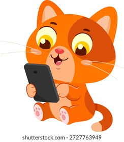 Personagem de desenhos animados de gato brincalhão usando Smartphone - design plano de ilustração de vetor isolado no fundo transparente