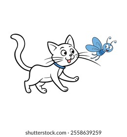 A Playful Cat Chasing a Butterfly Outline Vector Art