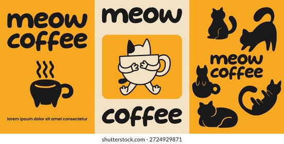 Conjunto de póster de café de gato juguetón con estilo de ilustración dibujado a mano