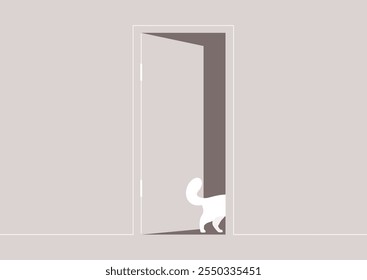 A playful cat with a curled tail gently steps through an ajar doorway, capturing the essence of curiosity in a warm, minimalist setting that invites imagination