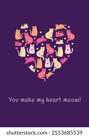 Playful Cat Design for Valentine's Day, Valentine Artwork for Greeting Cards