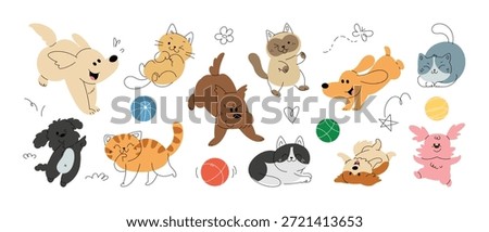 Playful cat and dog with smiling, running and jumping. Set of flat doodle cartoon vector illustration.