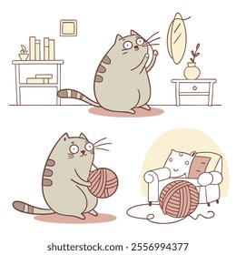 A playful cat engaging with a feather, yarn, and cozy furniture.