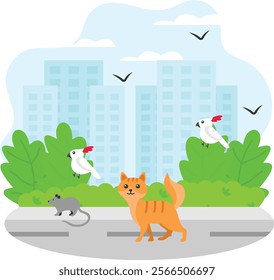 playful cat, a flock of chirping birds, and a scurrying mouse shared space of bustling park concept, canvas of canine and feline frolics vector design, Pet foster and hotel Symbol, kennel animals Sign