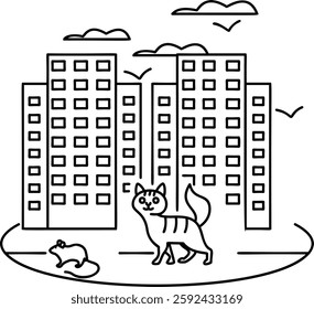 playful cat flock of chirping birds, and a scurrying mouse shared space of bustling park outline concept, canvas of canine and feline frolics vector design, Pet foster and hotel Symbol, kennel animals