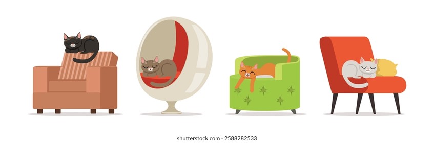 Playful Cat as Fluffy Feline with Cute Snout at Home Vector Set