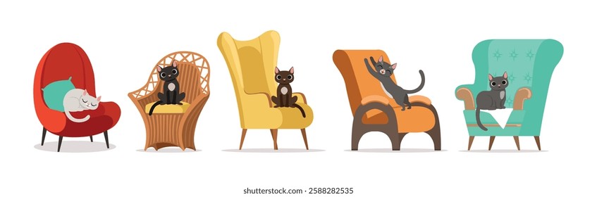 Playful Cat as Fluffy Feline with Cute Snout at Home Vector Set