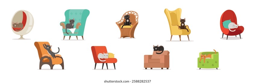 Playful Cat as Fluffy Feline with Cute Snout at Home Vector Set