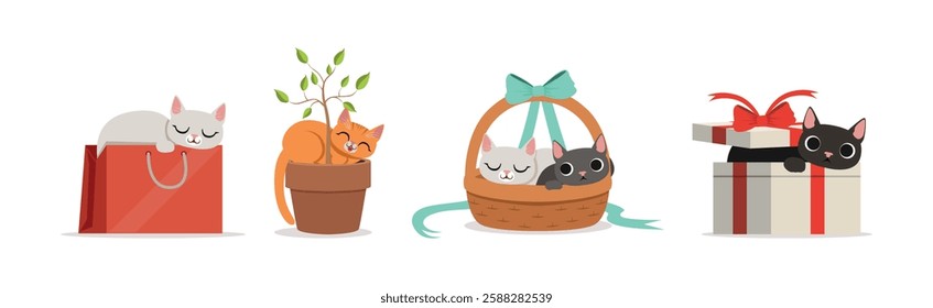 Playful Cat as Fluffy Feline with Cute Snout at Home Vector Set