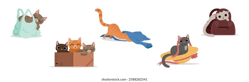 Playful Cat as Fluffy Feline with Cute Snout at Home Vector Set