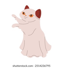 Playful cat ghost in bedsheet flat color vector illustration. Friendly pet in spirit costume Halloween character icon on white background