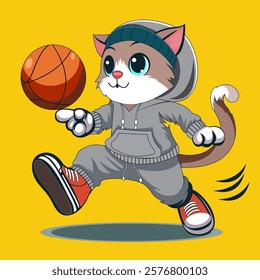 A playful cat in a gray tracksuit and red sneakers dribbles a basketball with skill. Wearing a teal beanie, it exudes sporty charm and energy, set against a vibrant yellow background. Fun and dynamic!