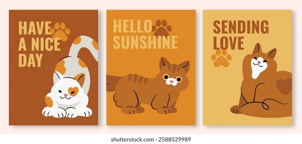 Playful cat greeting card template in warm orange, brown, and yellow tones, featuring orange and calico cats. Includes 'Have a Nice Day,' 'Hello Sunshine,' and 'Sending Love' messages.