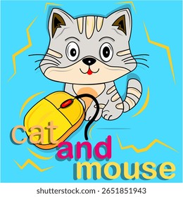 Playful cat holding a cheese while mouse peeks. Bright, colorful, and fun for children's media, games, and stories. Classic cartoon theme of cat vs mouse.