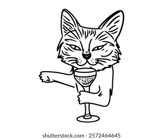 Playful Cat Holding a Wine Glass for a Quirky and Relaxed Feline Party Celebration Theme Vector illustration