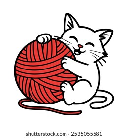 Playful Cat Hugging a Ball of Yarn in Cute Cartoon Style