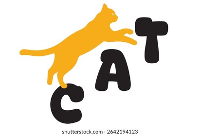 Playful Cat Illustration Jumping Over Abstract Text On a White Background