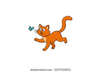 Un gato juguetón persigue alegremente a una mariposa voladora en esta divertida y linda ilustración de Arte vectorial. Perfecto para la naturaleza, mascotas o diseños de temática animal