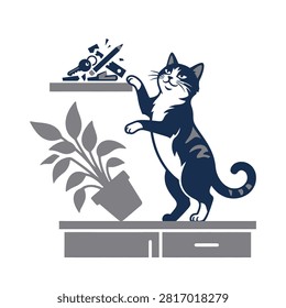 A playful cat knocks items off a shelf in the house