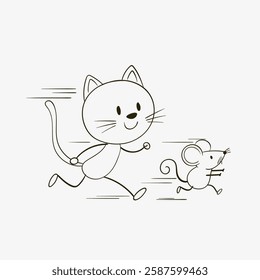 A playful cat and mouse running happily