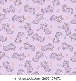 Playful cat pattern on soft purple background