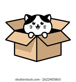 Playful cat peeking out from a cardboard box illutration