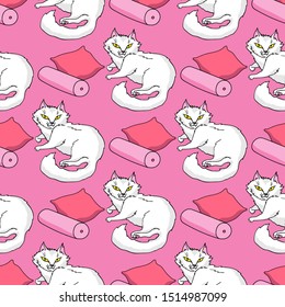 Playful cat and pillow vector seamless pattern. Pink, white, red background.