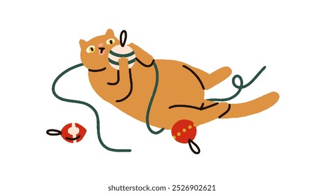 Playful cat playing with Christmas ornaments. Cute funny feline with festive baubles, festive decoration in paws on winter holiday. Comic humor flat vector illustration isolated on white background