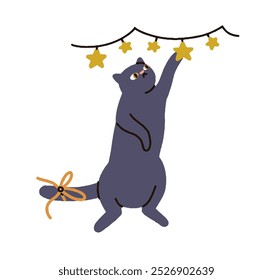 Playful cat playing with Christmas star garland, festive lights, ornament. Feline Xmas fun. Cute funny naughty kitty on winter holiday. Humor flat vector illustration isolated on white background