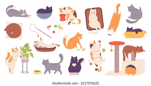 Playful cat poses. Purebred kittens play toy, purrs fluffy kitty grey ginger stripes relaxation cat eat at plant, funny breed pet animal, cartoon set garish vector illustration of pet kitten