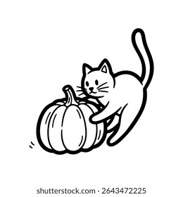 Playful Cat with Pumpkin – Cute Halloween Animal Character for Autumn or Trick-or-Treat Illustration – Vector Illustration