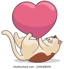 Playful cat reclined on its back while play with a big pink heart.