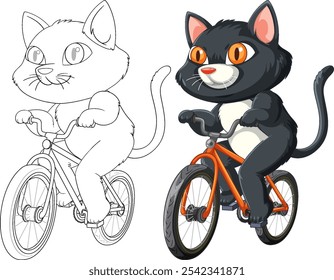 A playful cat riding an orange bicycle