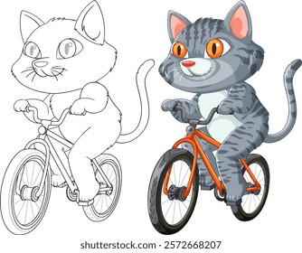 A playful cat riding an orange bicycle