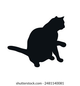 Playful cat silhouette isolated on white background. Cat touching something. Feline shadow. Vector illustration