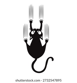 Playful cat silhouette scratching eagerly reaching high full of energy and mischief on a plain white design
