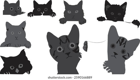 A playful cat silhouette set vector featuring whimsical feline shapes for creative design projects, perfect for pet-themed decor, crafts, and cat lover merchandise.