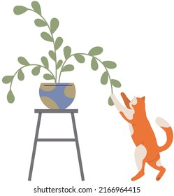 Un gato juguetón parado cerca de una olla con flores. El carácter lindo del gatito hogareño pasa tiempo solo. Kitty jugando con la ilustración vectorial de la planta del hogar. Gatito de pie sobre sus patas traseras al lado de plantar en olla