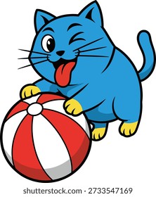 Vector de la etiqueta engomada del gato juguetón que muestra un gatito azul descarado de la historieta que guiña el ojo y que juega con una bola de playa rayada roja, ideal para la decoración del vivero, las etiquetas engomadas de los niños, las impresiones de la ropa, y los diseños juguetones
